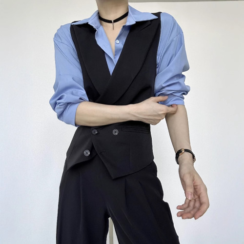 男女款休閒西裝駁領商務馬甲英倫風高級感槍駁領修身背心馬夾外套