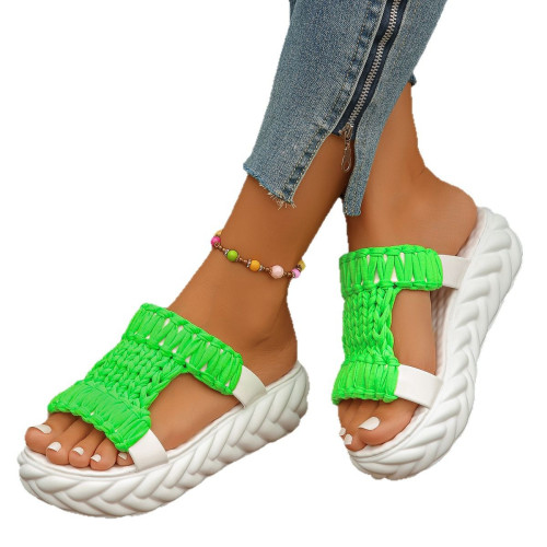 大碼厚底輕便編織拖鞋女歐美新款休閒毛線圓頭羅馬涼鞋