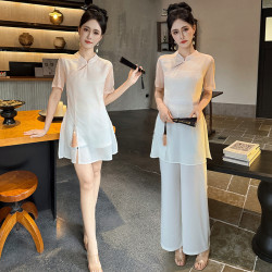 足浴養生館技師工作服採耳茶藝師柔式工衣國風中式漸變印花長褲裝