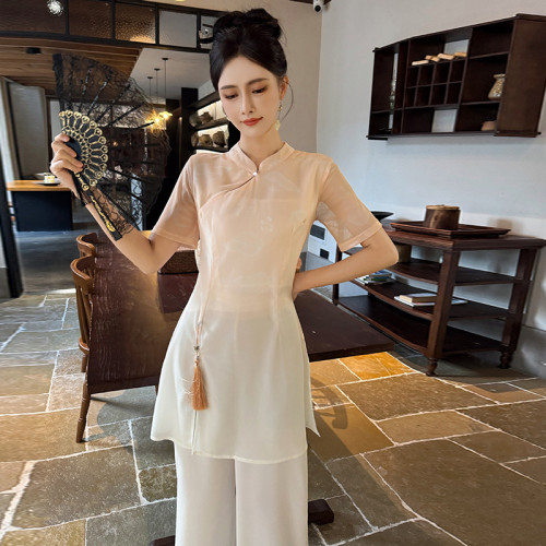 足浴養生館技師工作服採耳茶藝師柔式工衣國風中式漸變印花長褲裝 足浴養生館技師工作服採耳茶藝師柔式工衣國風中式漸變印花長褲裝