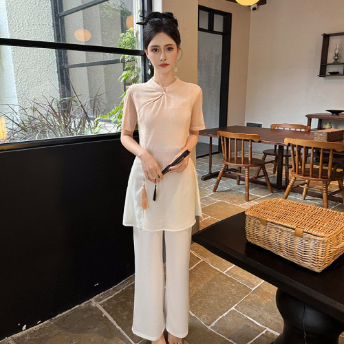 足浴養生館技師工作服採耳茶藝師柔式工衣國風中式漸變印花長褲裝 足浴養生館技師工作服採耳茶藝師柔式工衣國風中式漸變印花長褲裝