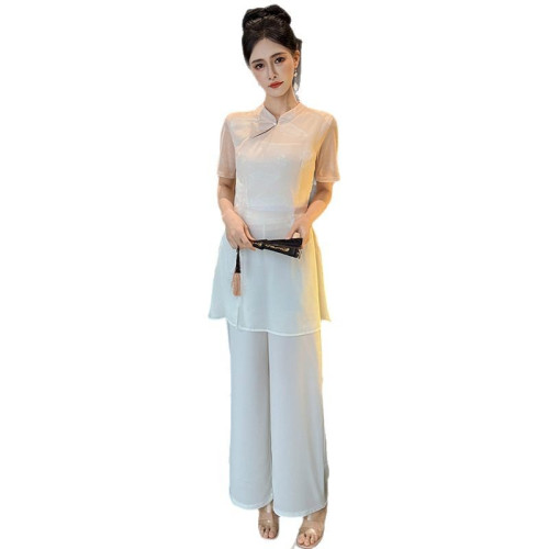 足浴養生館技師工作服採耳茶藝師柔式工衣國風中式漸變印花長褲裝 足浴養生館技師工作服採耳茶藝師柔式工衣國風中式漸變印花長褲裝