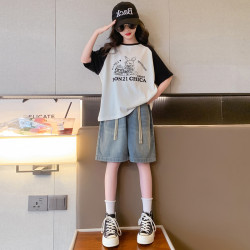 女童夏季短褲套裝2025新款韓範兒童褲子女大童夏裝薄款牛仔五分褲
