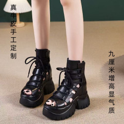真皮羅馬涼鞋女外穿內增高女鞋2025春夏松糕跟時尚魚嘴厚底涼鞋
