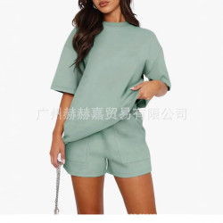 新款時尚2025夏季新款歐美時尚純色套裝休閒寬松女士上衣短褲