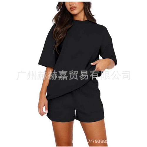 新款時尚2025夏季新款歐美時尚純色套裝休閒寬松女士上衣短褲