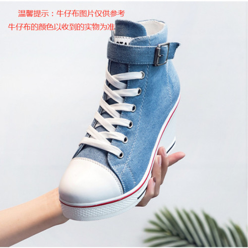 2021新款春秋側拉鍊8公分增高厚底坡跟高幫帆布鞋女 松糕跟休閒鞋
