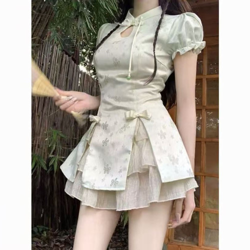新中式復古小個子國風設計改良旗袍連衣裙盤釦泡泡袖半身裙兩件套