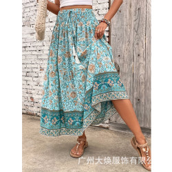 2024年女士時尚收腰簡約爆款碎花印花腰頭打攬系帶流蘇半身裙