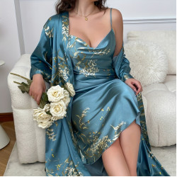 大碼女裝家居服睡袍花卉印花色丁睡袍加吊帶套裝舒適寬松