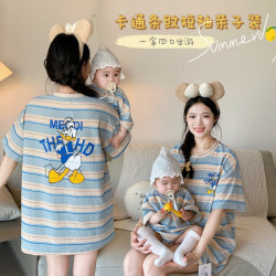 親子裝夏季短袖t恤一家三口條紋嬰兒爬服純棉卡通洋氣夏天母女裝