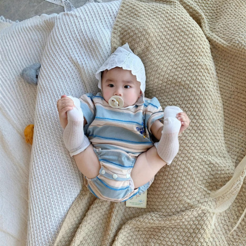 親子裝夏季短袖t恤一家三口條紋嬰兒爬服純棉卡通洋氣夏天母女裝