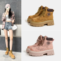 白鹿同款夏季限定鏤空馬丁靴女新款戶外登山大黃靴頭層豬皮工裝靴