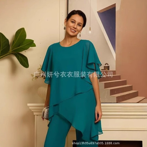歐美2025早春新款氣質雪紡純色寬松不規則時尚套裝