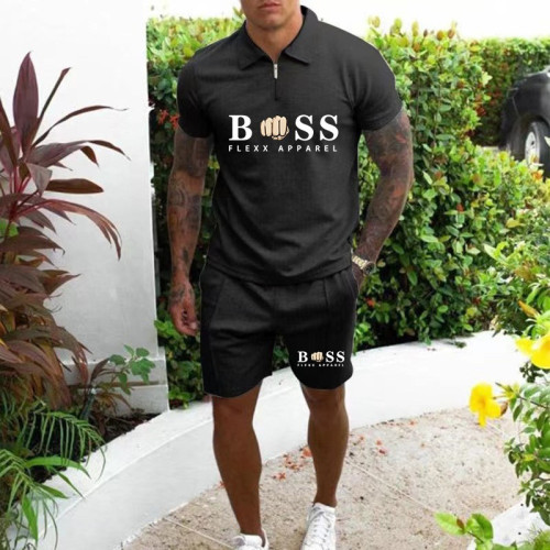 男裝短袖短褲休閒套裝歐美修身男2023夏兩件套