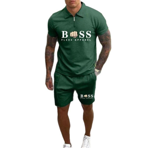 男裝短袖短褲休閒套裝歐美修身男2023夏兩件套