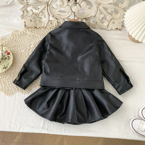 6681女童秋裝皮衣新款兒童洋氣韓版機車服短款外套百褶裙子兩件套