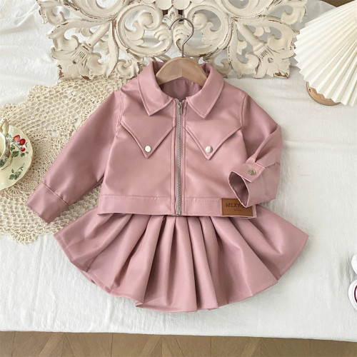 6681女童秋裝皮衣新款兒童洋氣韓版機車服短款外套百褶裙子兩件套