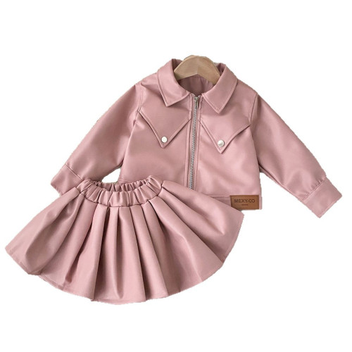 6681女童秋裝皮衣新款兒童洋氣韓版機車服短款外套百褶裙子兩件套