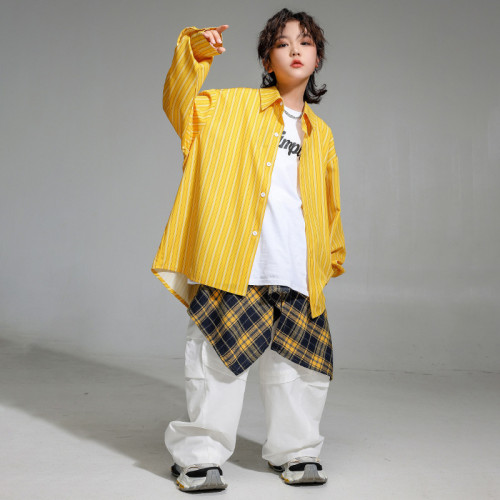 街舞兒童潮服嘻哈風寬松襯衫工裝褲套裝男童少兒hiphop演出服女孩