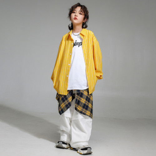街舞兒童潮服嘻哈風寬松襯衫工裝褲套裝男童少兒hiphop演出服女孩