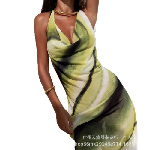歐美ins性感V領修身包臀露背長裙數碼印花韓國絲吊帶連衣裙