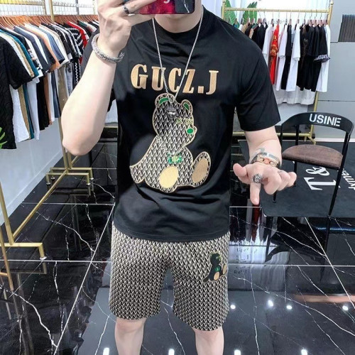 歐貨夏季男套裝個性輕奢小熊短褲短袖潮流時尚休閒寬松運動兩件套