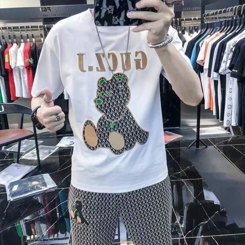 歐貨夏季男套裝個性輕奢小熊短褲短袖潮流時尚休閒寬松運動兩件套