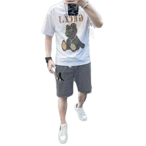 歐貨夏季男套裝個性輕奢小熊短褲短袖潮流時尚休閒寬松運動兩件套