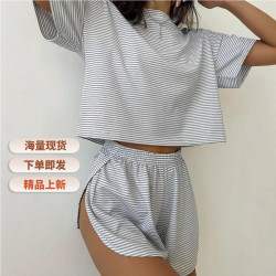 2025夏季新品簡約舒適純色針織短袖松緊腰短褲家居服兩件套女