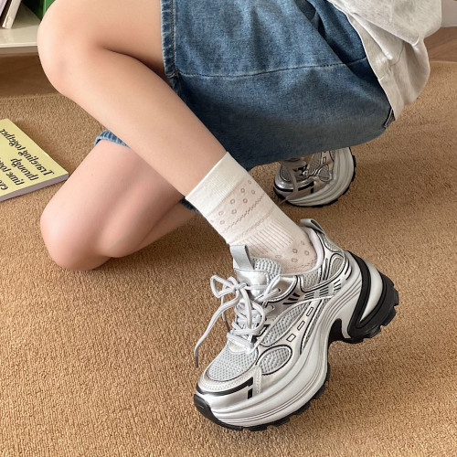 銀色網面老爹鞋女2025春季新款松糕厚底增高顯瘦輕便休閒運動鞋子