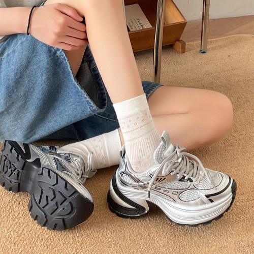銀色網面老爹鞋女2025春季新款松糕厚底增高顯瘦輕便休閒運動鞋子