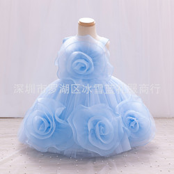 兒童禮服裙蓬蓬裙花童婚紗女童女孩公主裙周嵗演出服晚禮服藍色