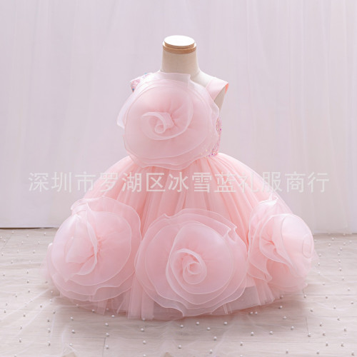 兒童禮服裙蓬蓬裙花童婚紗女童女孩公主裙周嵗演出服晚禮服藍色