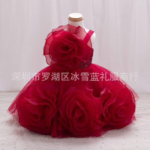 兒童禮服裙蓬蓬裙花童婚紗女童女孩公主裙周嵗演出服晚禮服藍色