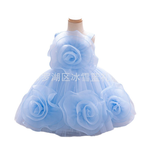 兒童禮服裙蓬蓬裙花童婚紗女童女孩公主裙周嵗演出服晚禮服藍色