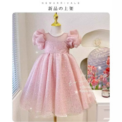 女童夏季連衣裙2025新款洋氣兒童亮片公主紗裙女孩生日泡泡袖裙子