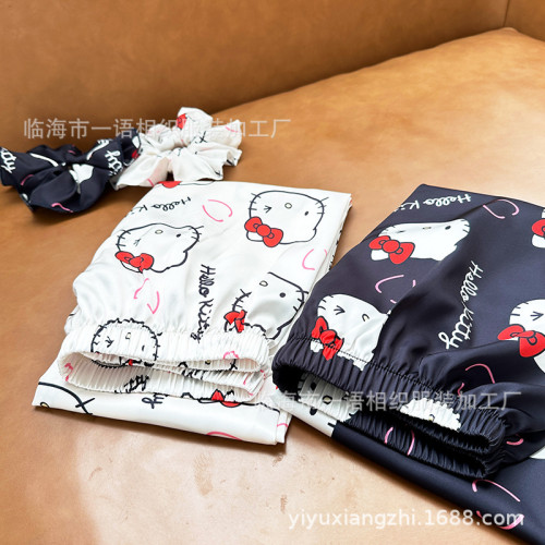 春季新款黑卡通冰絲睡衣女 法式風休閒舒適女生家居服套裝帶髮圈