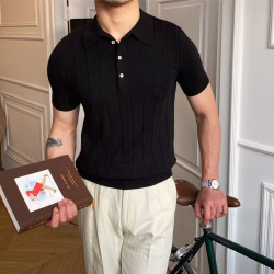 2025春夏POLO衫領毛衣男短袖修身潮流條紋純色翻領套頭針織衫男士