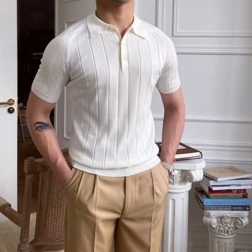 2025春夏POLO衫領毛衣男短袖修身潮流條紋純色翻領套頭針織衫男士