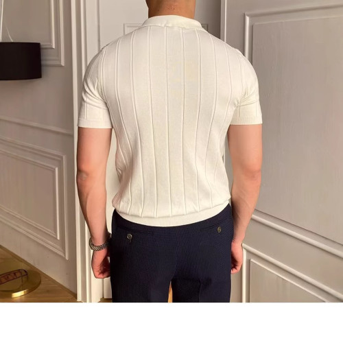 2025春夏POLO衫領毛衣男短袖修身潮流條紋純色翻領套頭針織衫男士