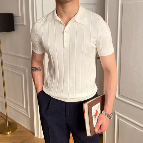 2025春夏POLO衫領毛衣男短袖修身潮流條紋純色翻領套頭針織衫男士