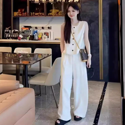 時尚小資背心亞麻馬甲套裝女2025春高級減齡氣質流蘇上衣長褲兩件