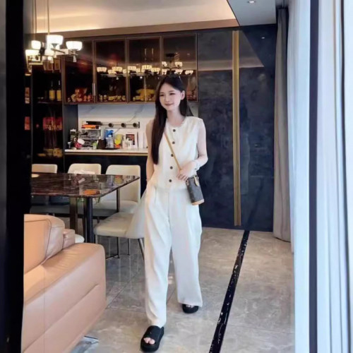 時尚小資背心亞麻馬甲套裝女2025春高級減齡氣質流蘇上衣長褲兩件
