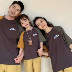 ins高街一家三四口美式拼接親子裝百搭純棉短袖母子母女裝寬松T恤