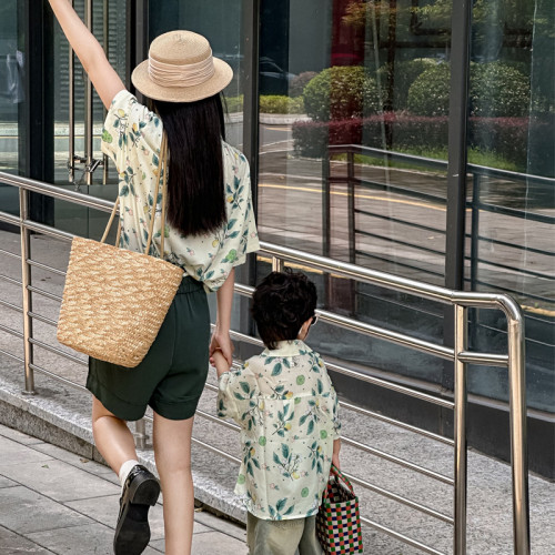 親子裝復古港風花襯衣男夏寬松休閒潮流印花襯衫男女式短袖上衣潮