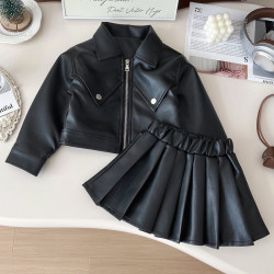 女童秋季pu皮套裝小女孩韓版時髦機車服兒童皮衣外套百褶裙兩件套