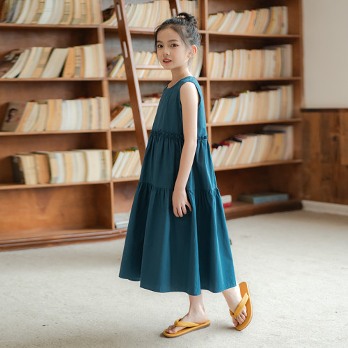 2025夏季女童度假沙灘背心長裙新款女大童純棉無袖寬松蛋糕連衣裙