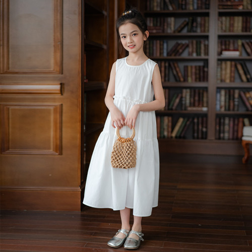 2025夏季女童度假沙灘背心長裙新款女大童純棉無袖寬松蛋糕連衣裙