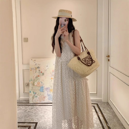 2025新款寬松重工蕾絲拼接無袖連衣裙女夏季設計感小衆休閒長裙潮